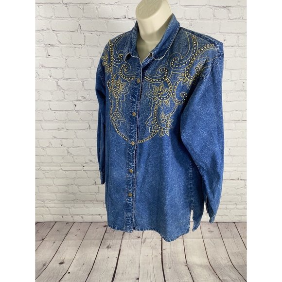 VTG Club Z Denim Long Sleeve Button Down Embroidered Beaded Denim Blouse Women S - Picture 3 of 14